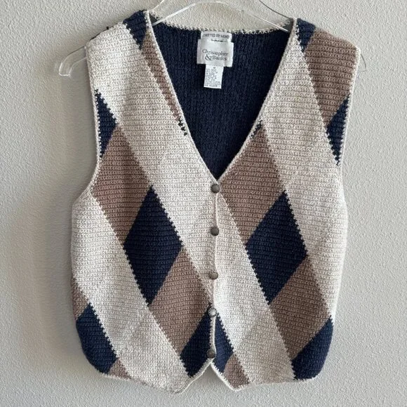 Vintage Hand Knitted Sweater Vest Argyle Diamond Check Grandpa Women's Medium - Picture 2 of 7